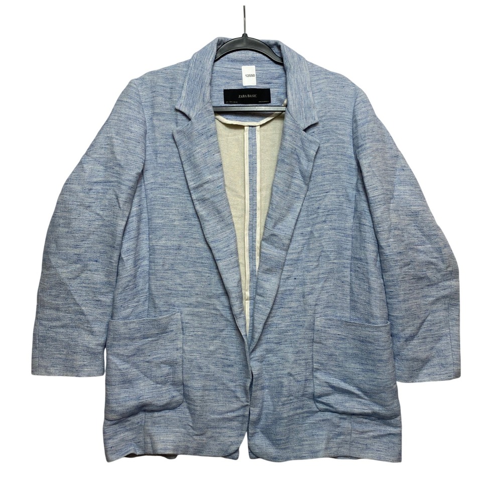 Zara Blazer Womens L Blue Basic Linen Blend Open Front Textured Patch Pocket